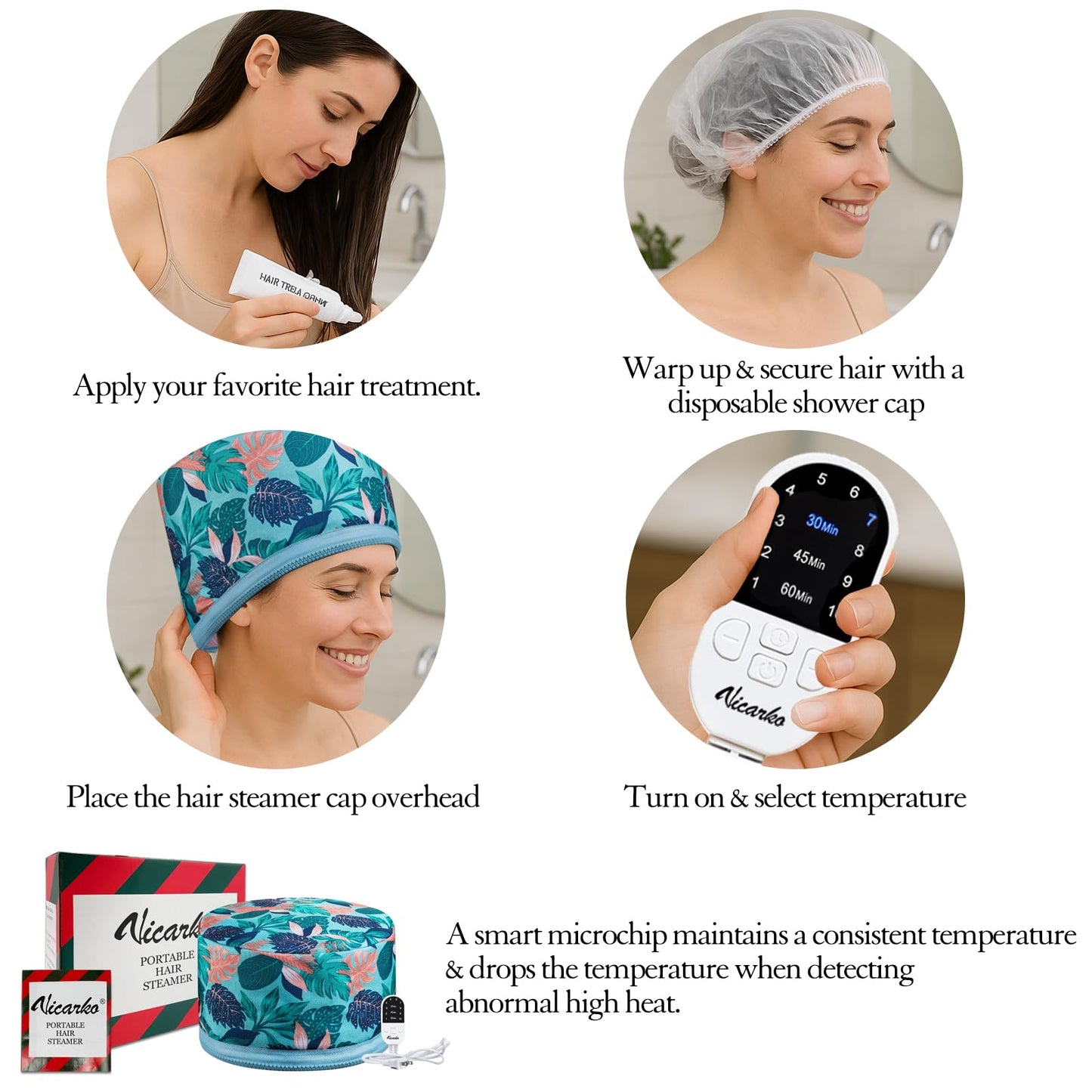 VICARKO hot oil treatment heating cap packaged for home hair spa use.