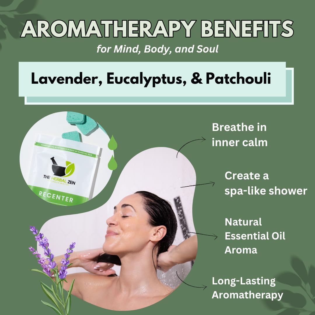 Aromatherapy shower steamer tablet placed on a bathroom shelf near steam.