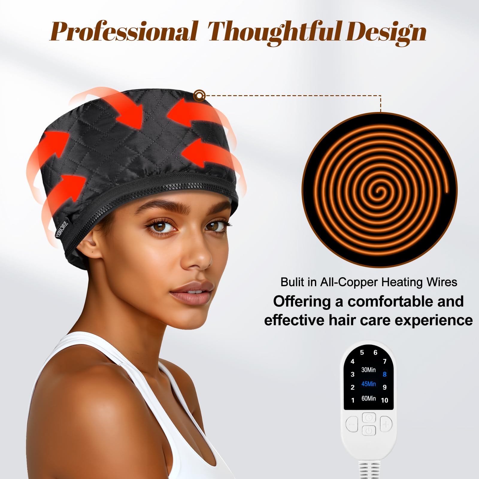 Vicarko thermal heating cap showing the integrated digital remote controller with adjustable temperature levels.