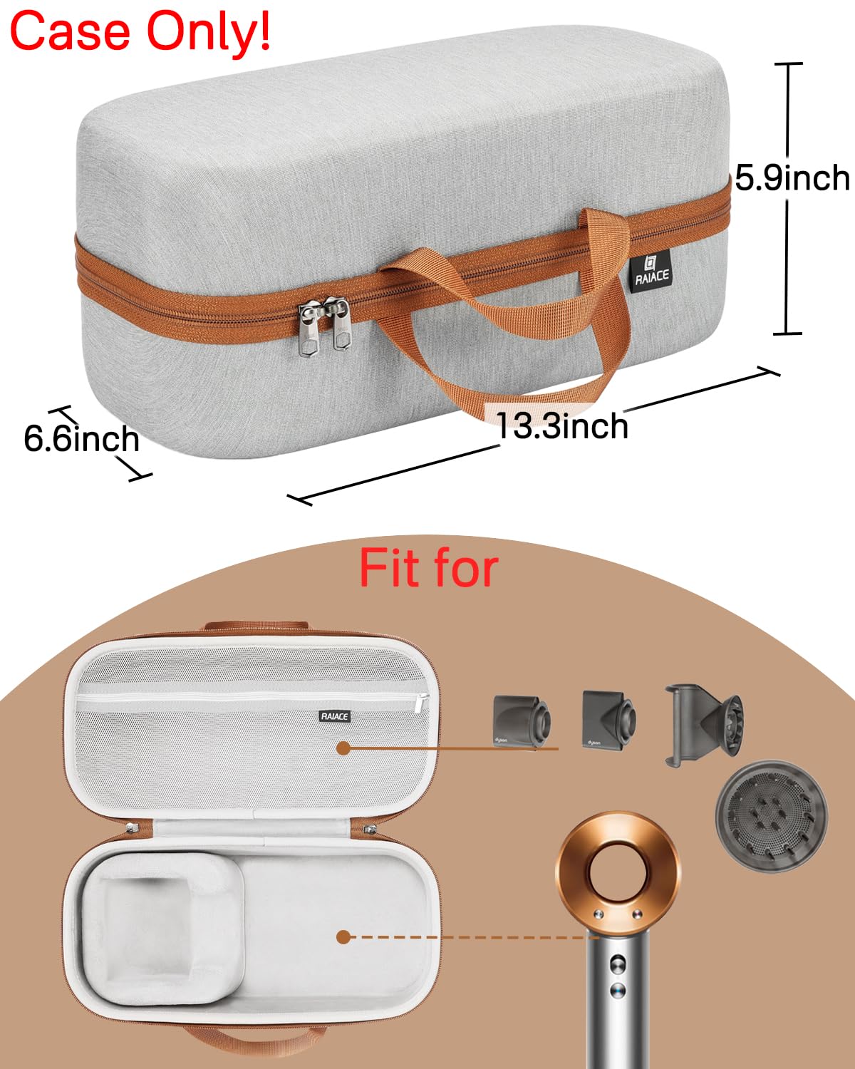RAIACE shockproof EVA case for hair dryer showing custom molded grooved base