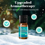 Bonus five milliliter eucalyptus essential oil bottle next to shower steamer