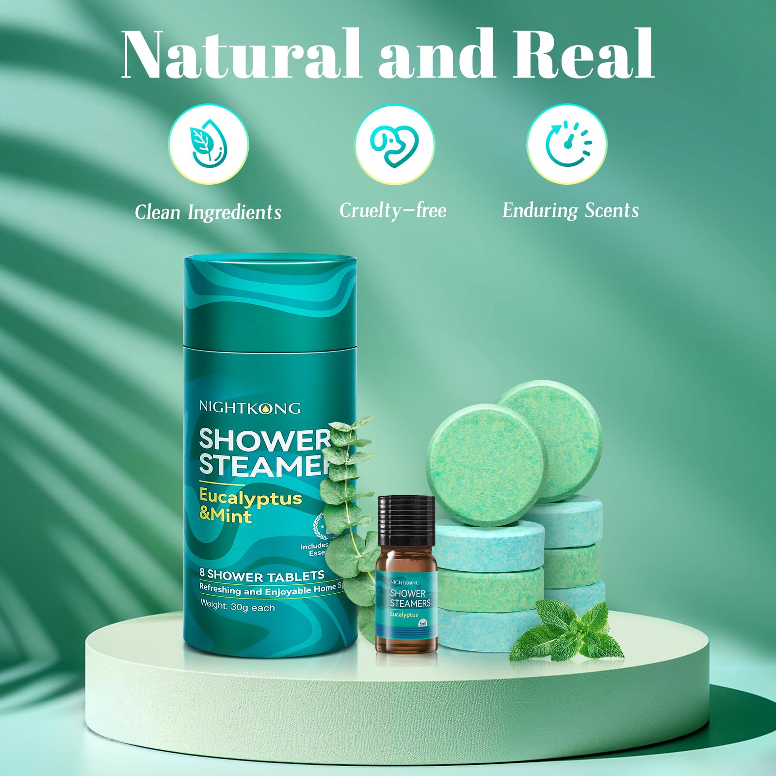 Infographic demonstrating the correct placement of the eucalyptus shower tablet on the bathroom floor away from direct stream.