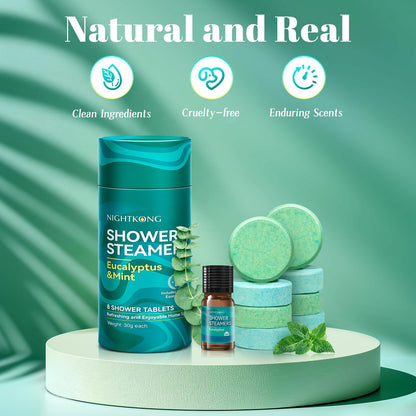 Infographic demonstrating the correct placement of the eucalyptus shower tablet on the bathroom floor away from direct stream.