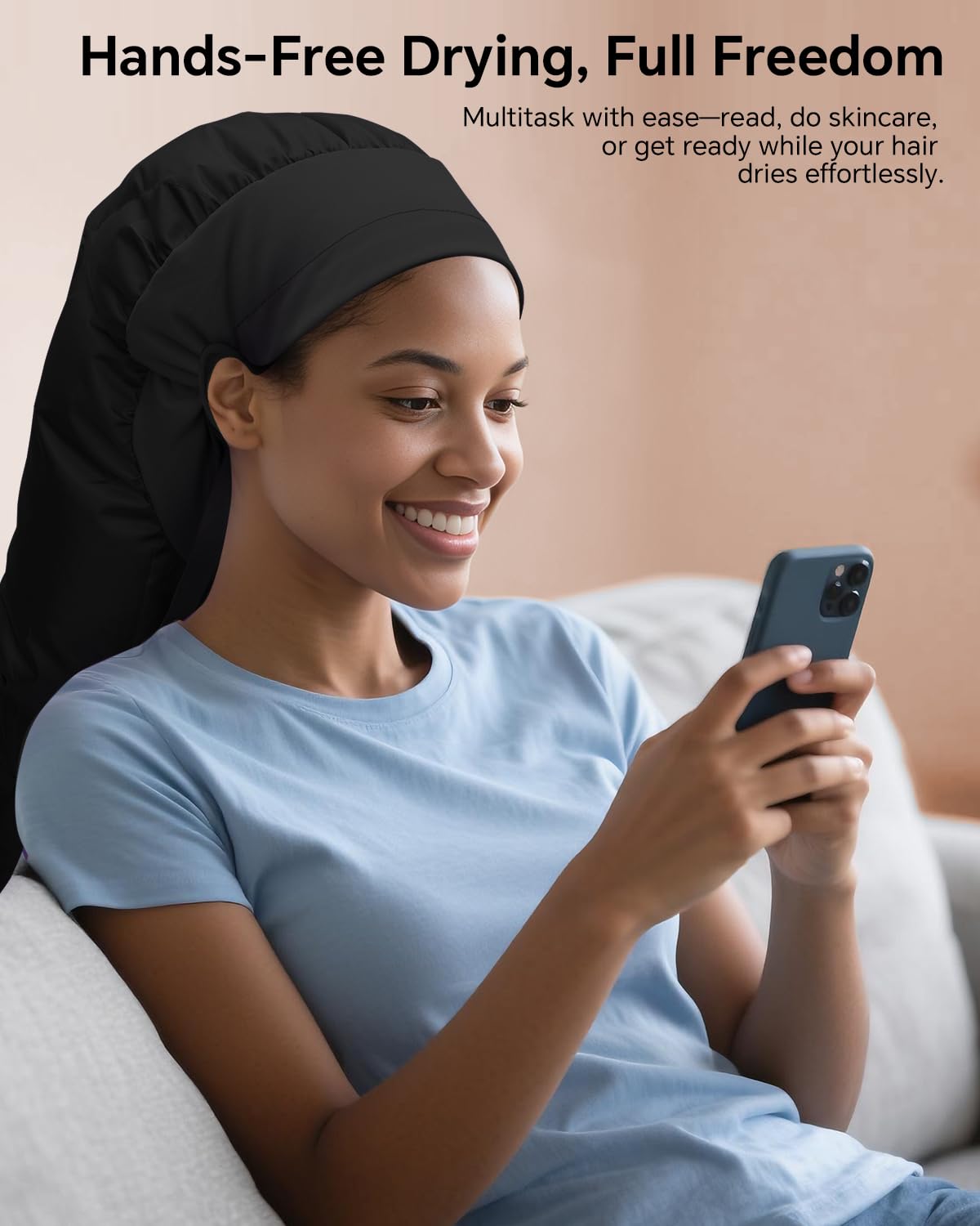 Close up view of the Boloye soft bonnet hair dryer cap highlighting the adjustable elastic drawstring and chin strap.