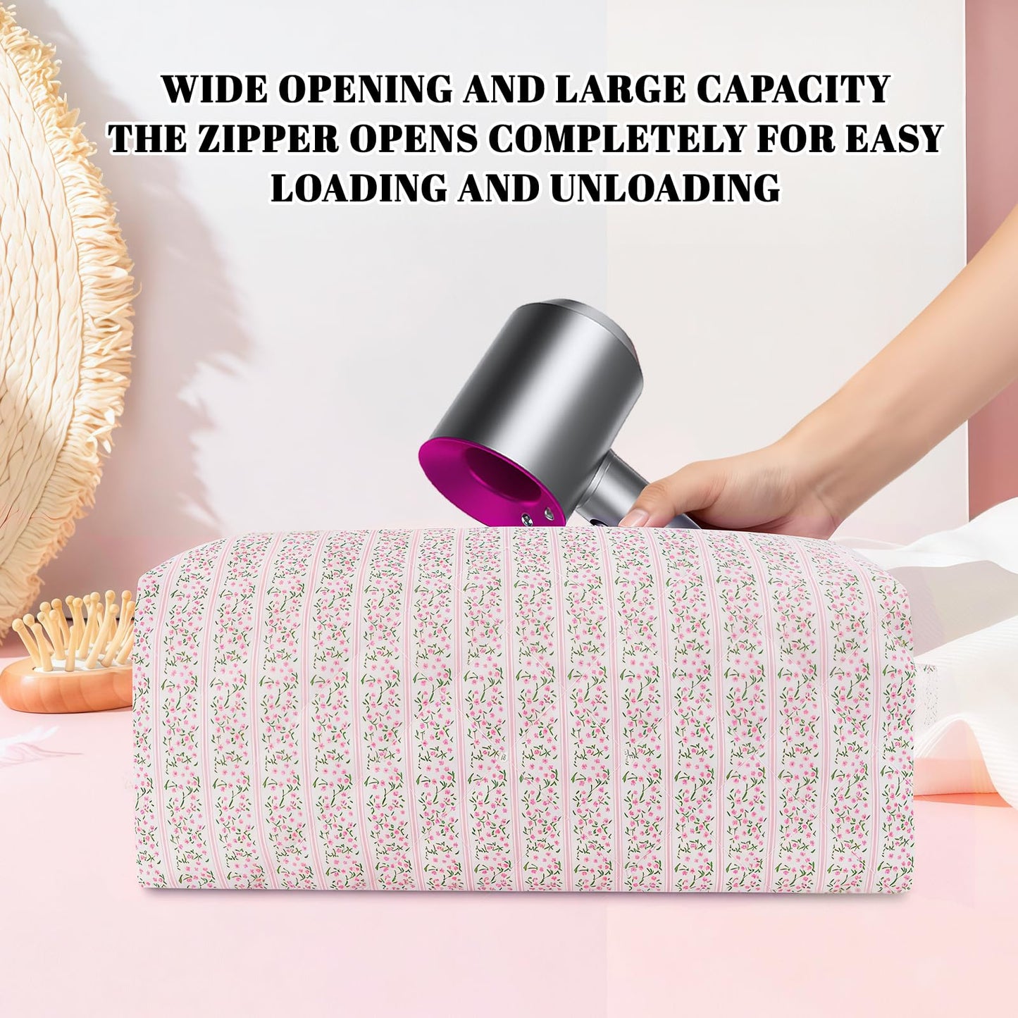 Dark Swan pink cosmetic and hair tool pouch zipper closure details