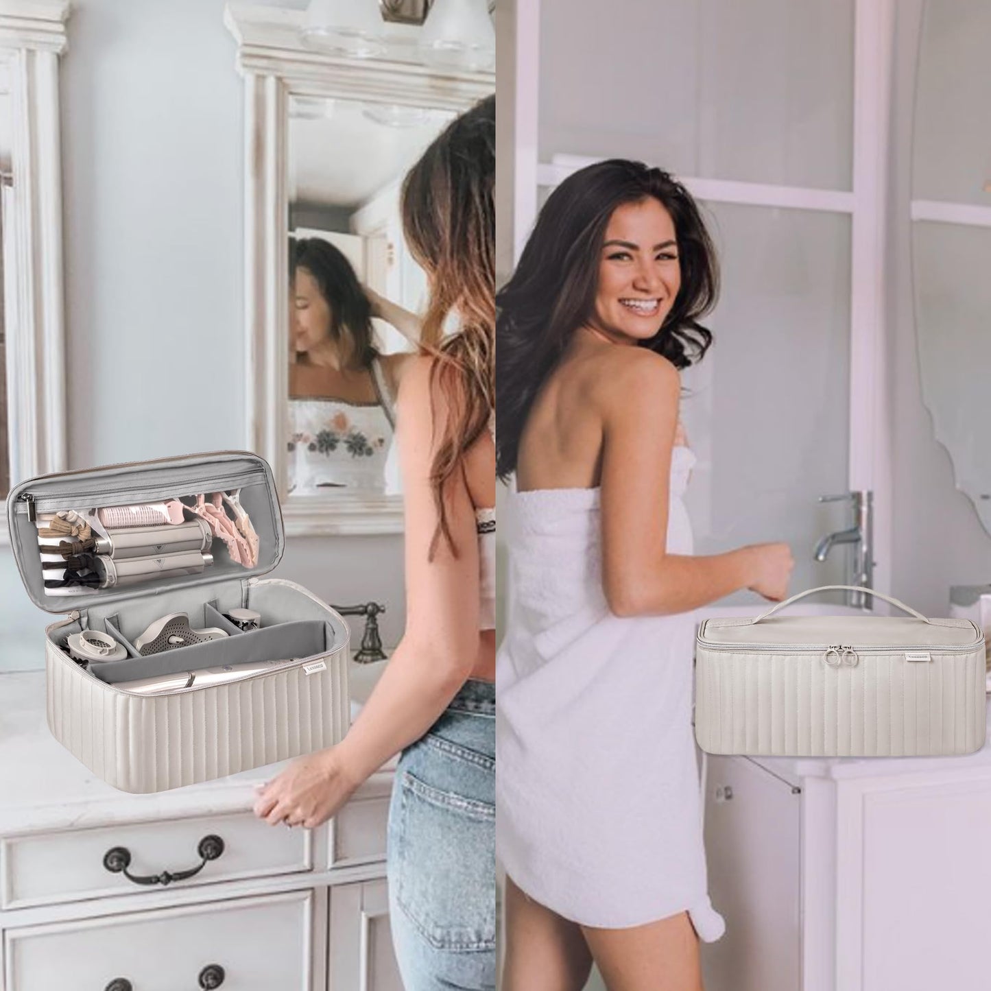 Lexeeco styling tools organizer open view with adjustable partitions