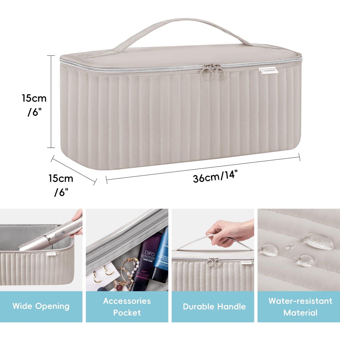 Lexeeco travel bag double zipper closure detail for beauty accessories