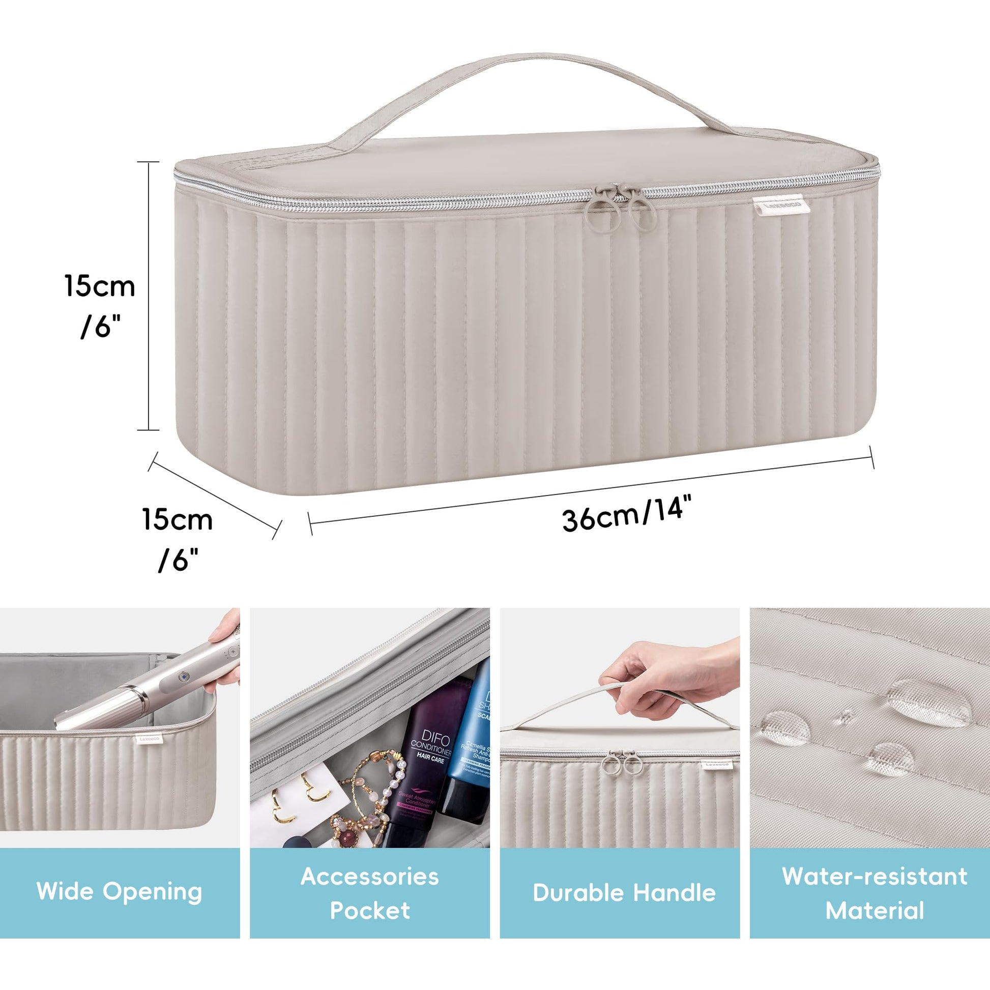 Lexeeco travel bag double zipper closure detail for beauty accessories