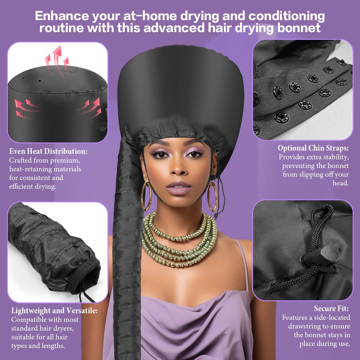 Curly haired person using soft bonnet dryer attachment for deep conditioning routine