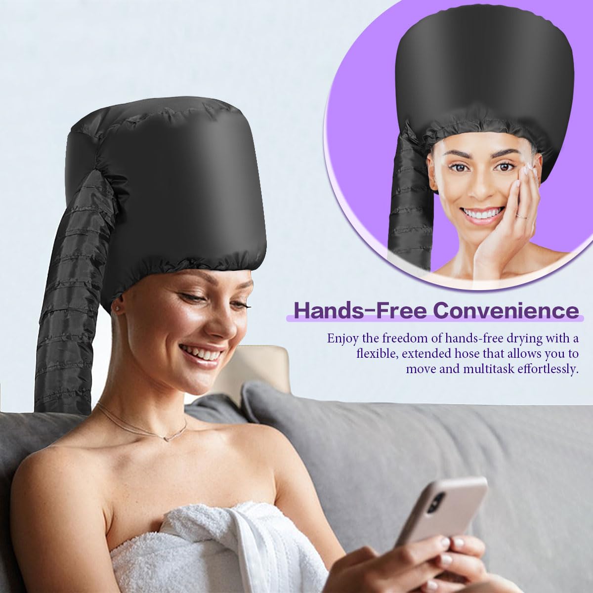 Hands free styling session featuring flexible salon style hooded hair dryer cap