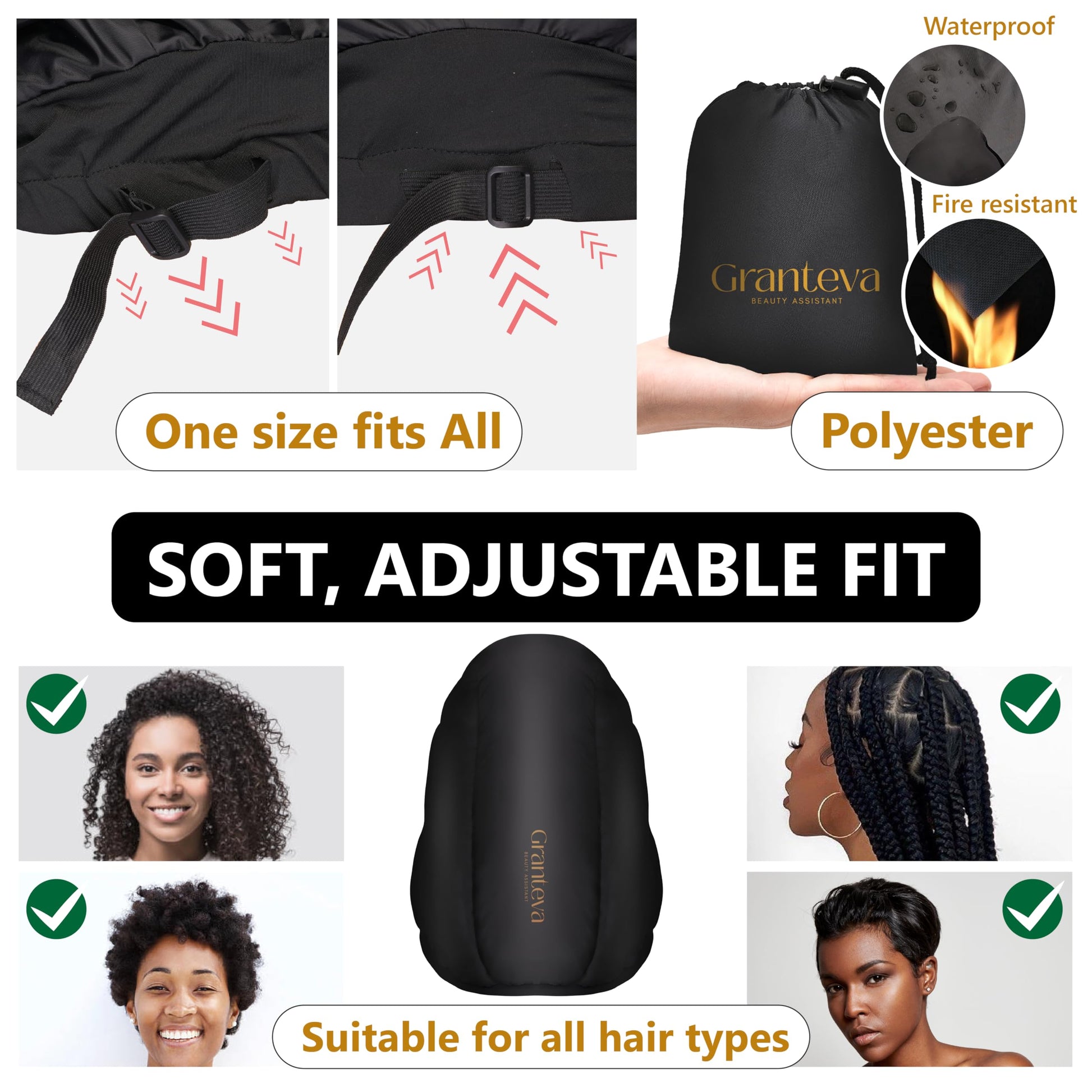 Adjustable drawstring and chin strap closure on the Granteva hair drying bonnet.