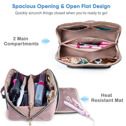 ELCUPA hair organizer bag opened completely flat showing spacious interior storage