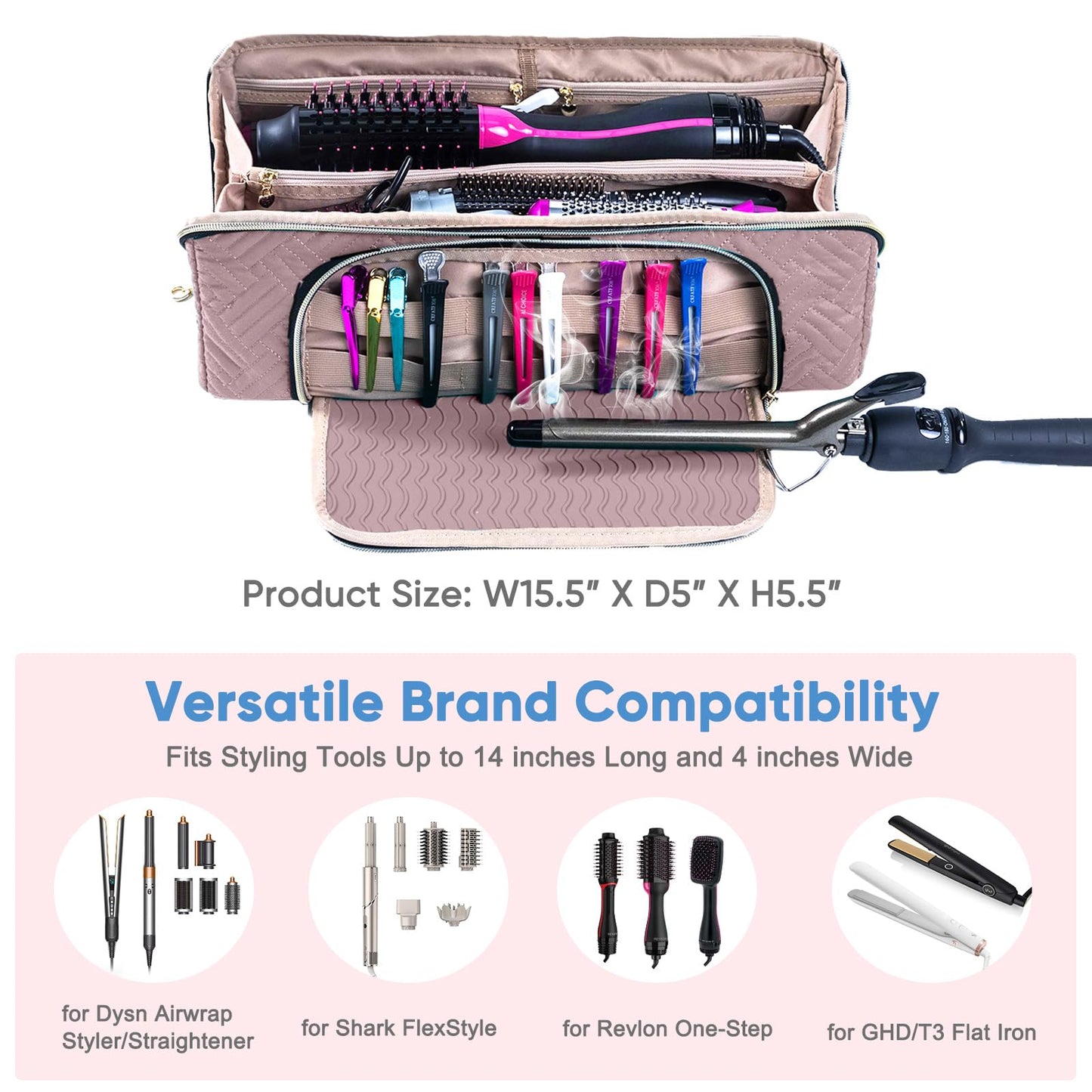 ELCUPA 2in1 travel pouch functioning as a heat resistant mat with a flat iron resting on it