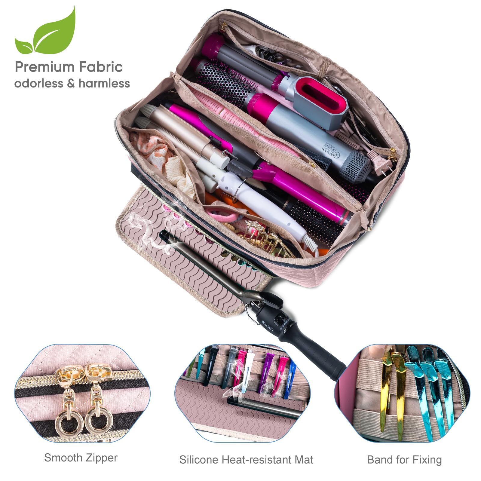 ELCUPA large capacity travel bag holding a hair dryer brush and styling accessories