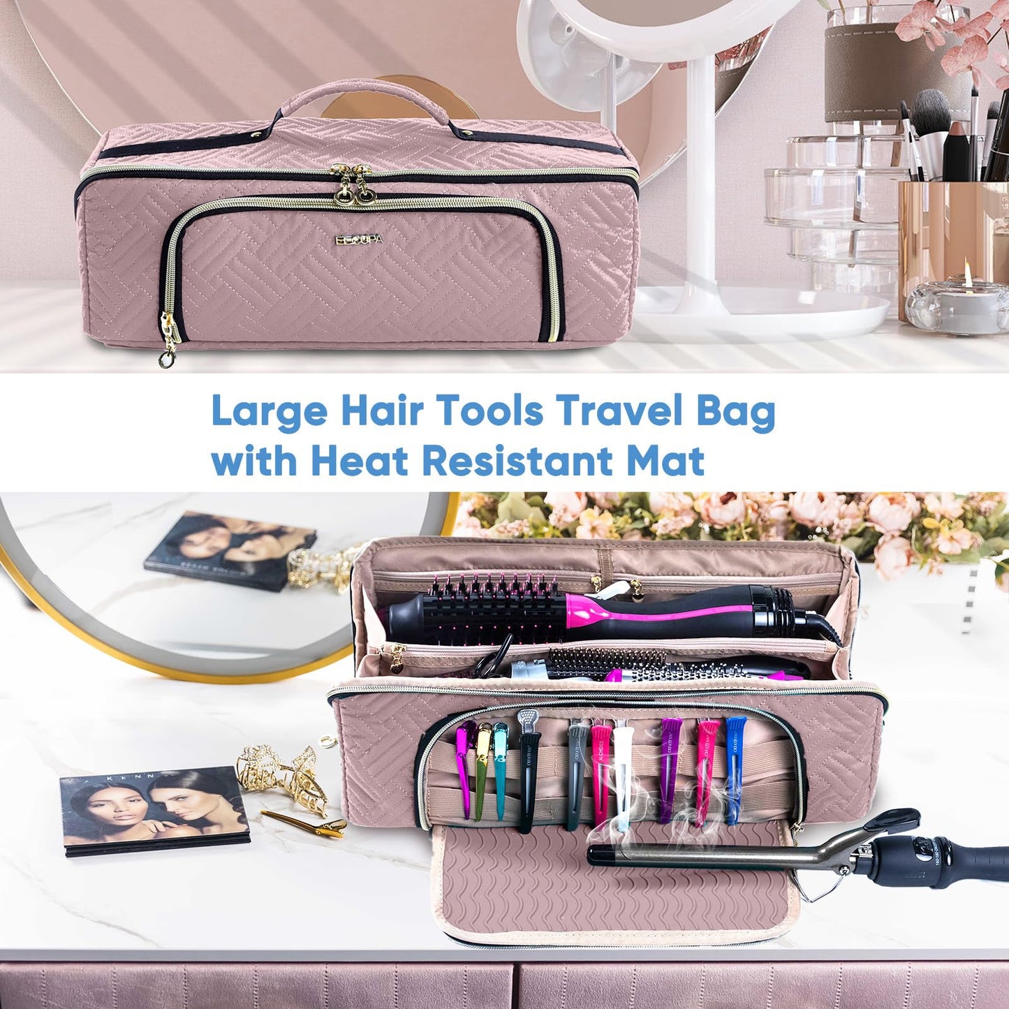 ELCUPA cosmetic bag showing the interior zipper pocket filled with hair clips and pins
