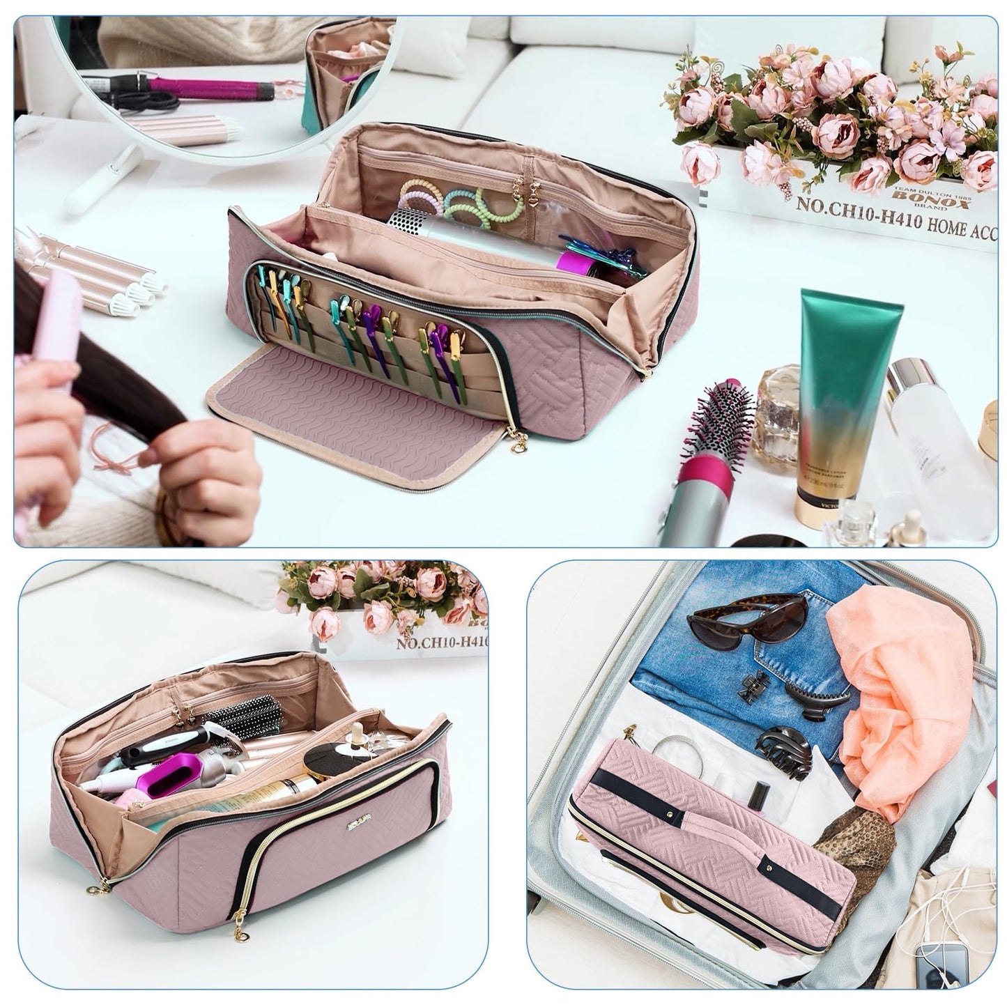 ELCUPA travel essentials pouch being zipped closed with durable dual zippers