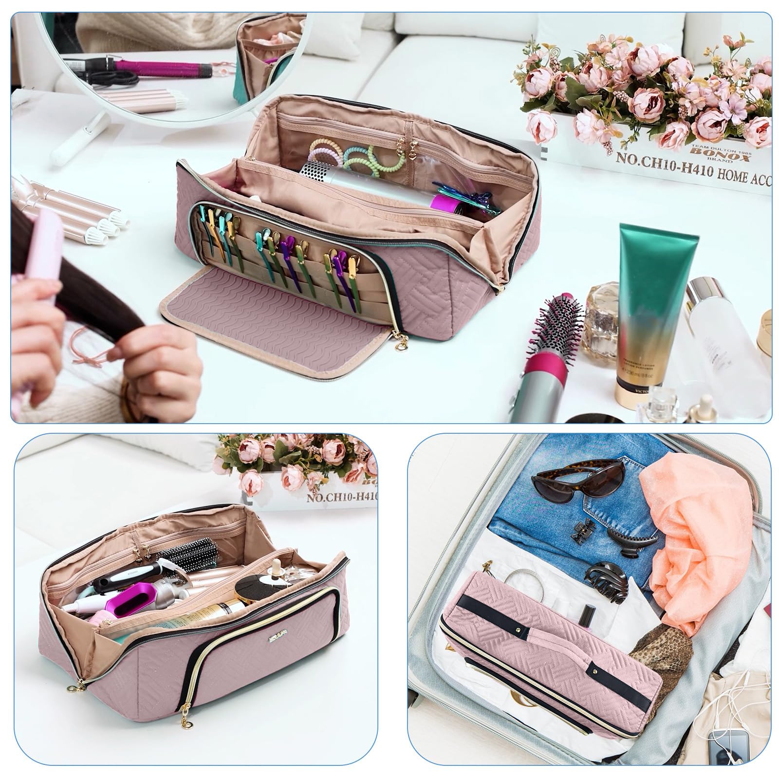 ELCUPA travel essentials pouch being zipped closed with durable dual zippers