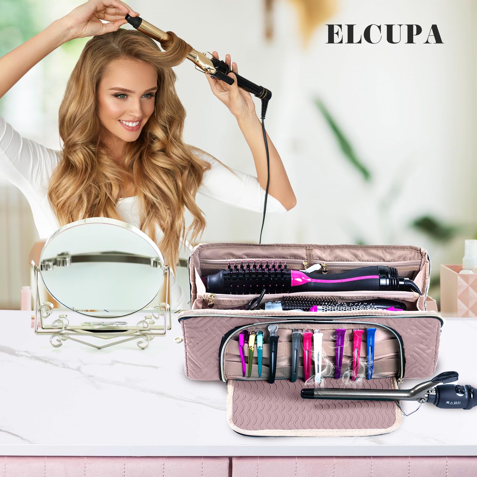 ELCUPA pink hair tools carrying case top view showing the portable handle grip