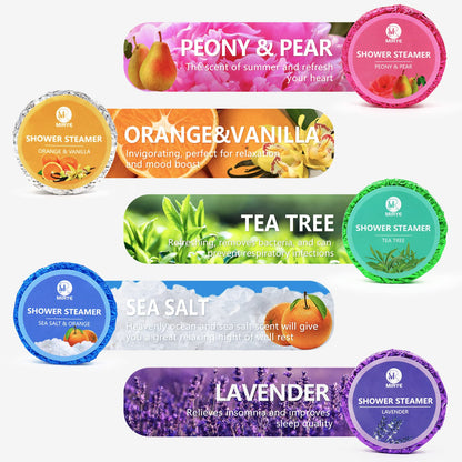 Five colorful organic shower bomb tablets arranged neatly to showcase the different essential oil blends.