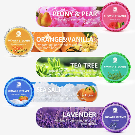 Five colorful organic shower bomb tablets arranged neatly to showcase the different essential oil blends.