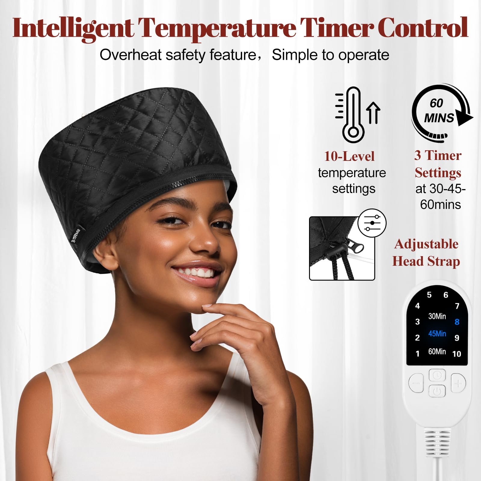 Bilinavy thermal steam cap demonstrating the handheld electronic controller with ten heating levels and three time setting options displayed