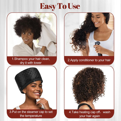 Bilinavy hair steamer packaging setup showing the compact portable thermal cap along with its power adapter and detailed user instructions manual