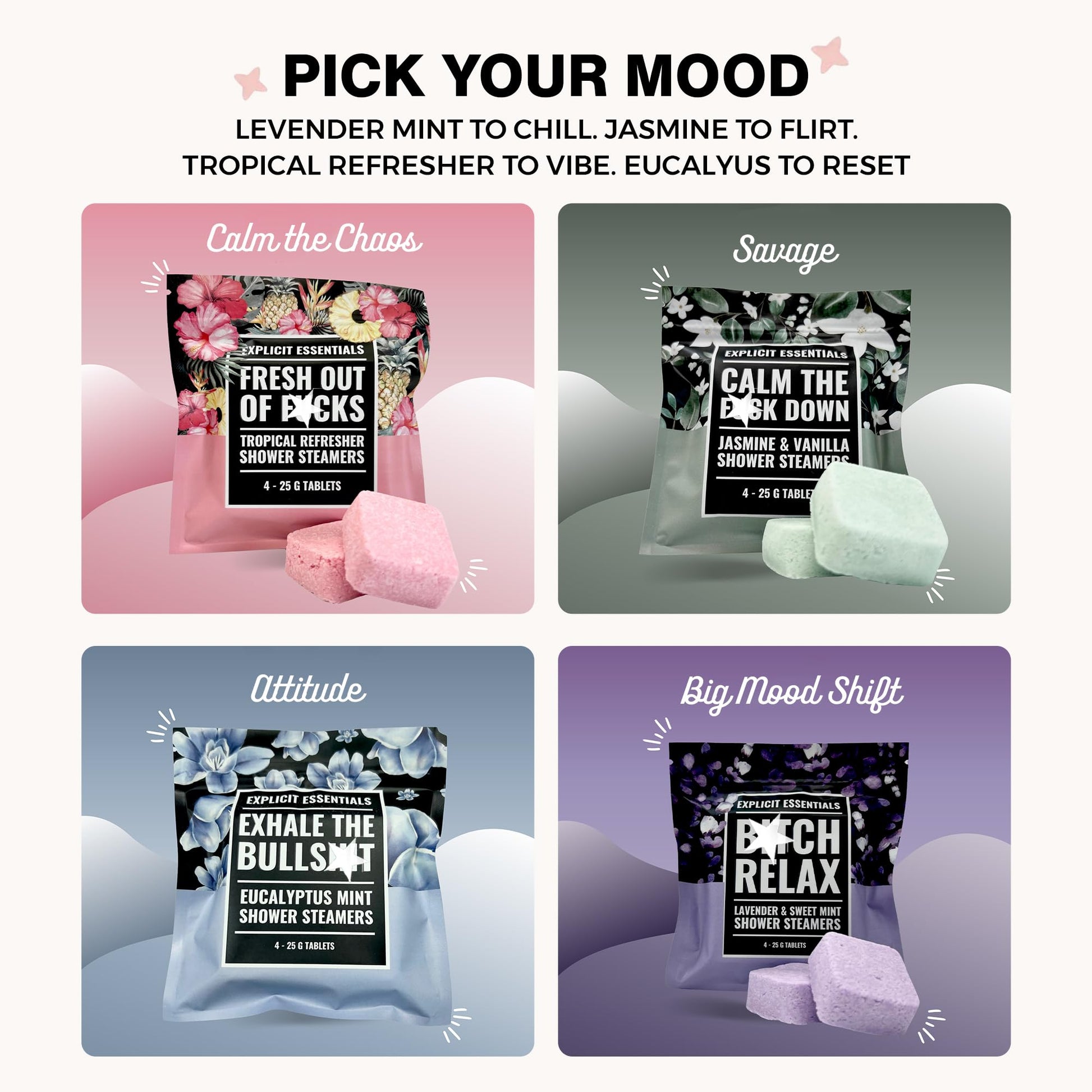 Explicit Essentials aromatherapy shower bombs variety pack displaying the individual lavender mint jasmine and eucalyptus scents