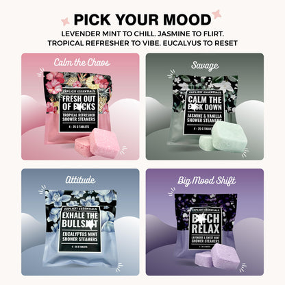 Explicit Essentials aromatherapy shower bombs variety pack displaying the individual lavender mint jasmine and eucalyptus scents