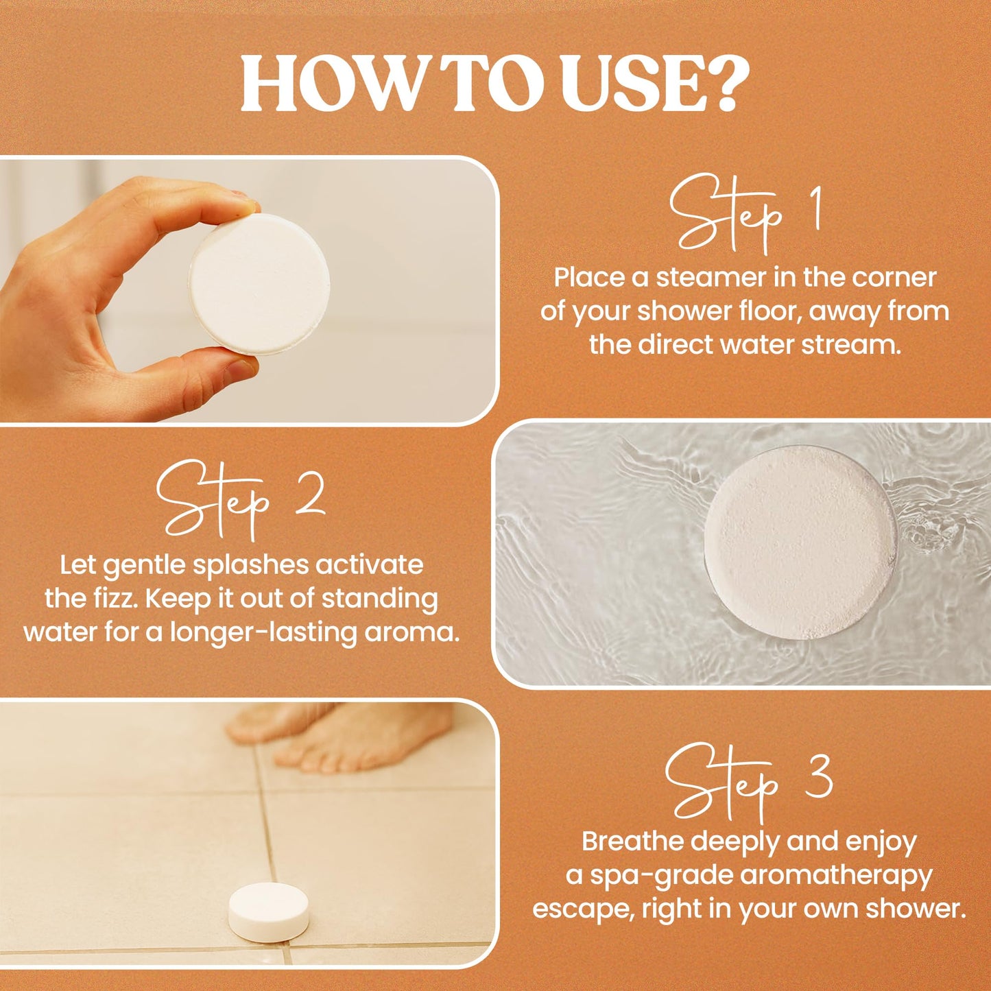 Step-by-step usage demonstration showing a premium self-care tablet melting safely on a shower floor.