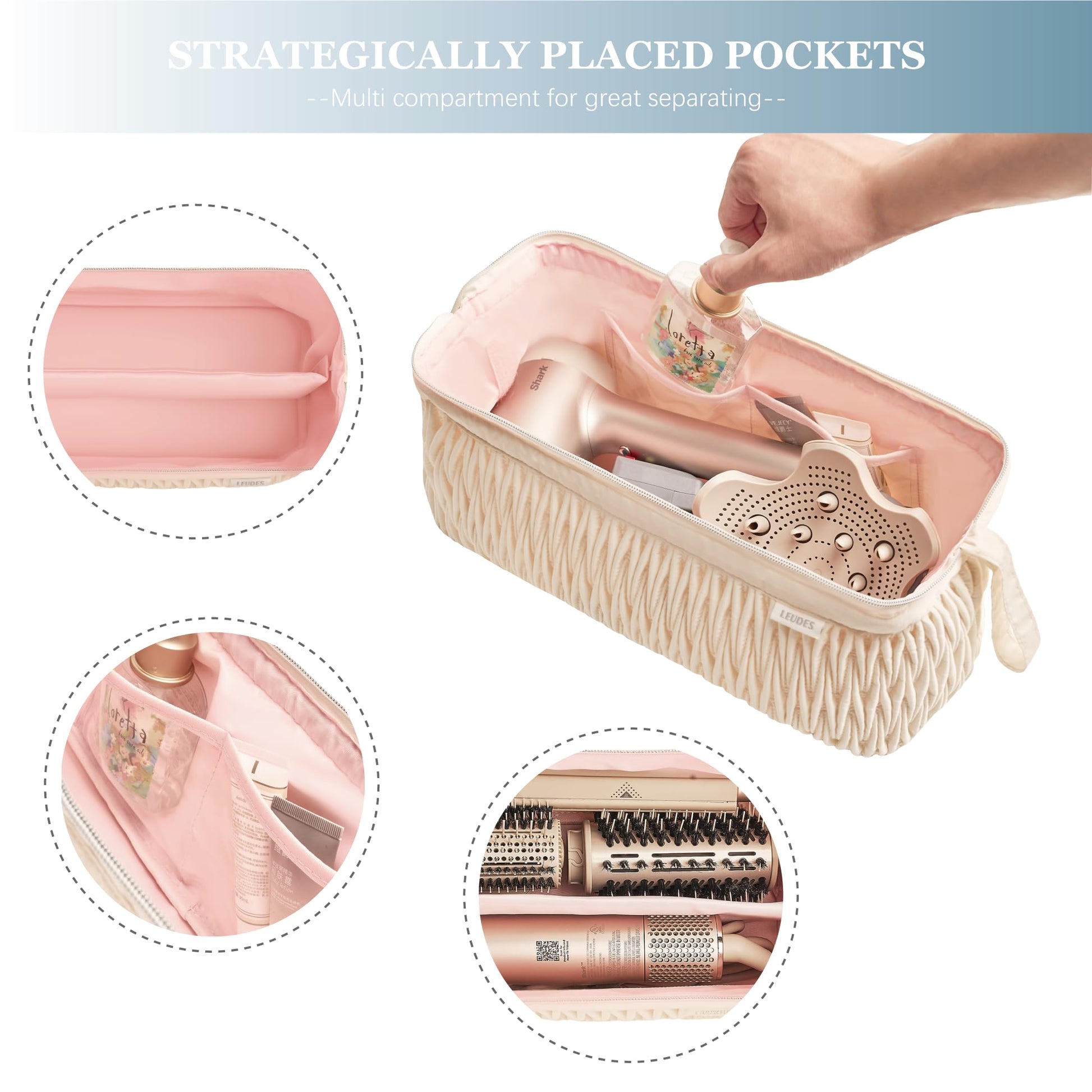 Beige multi-styler storage organizer bag showing durable dual metal zipper closures