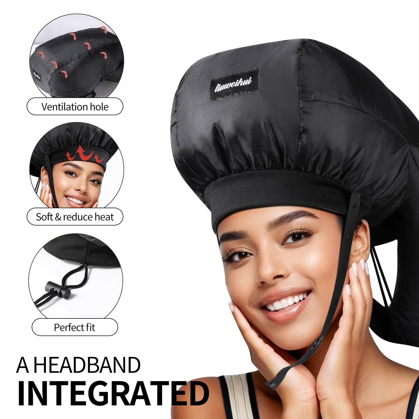 Side profile of a model using the hooded hair dryer cap connected to a hand held blow dryer