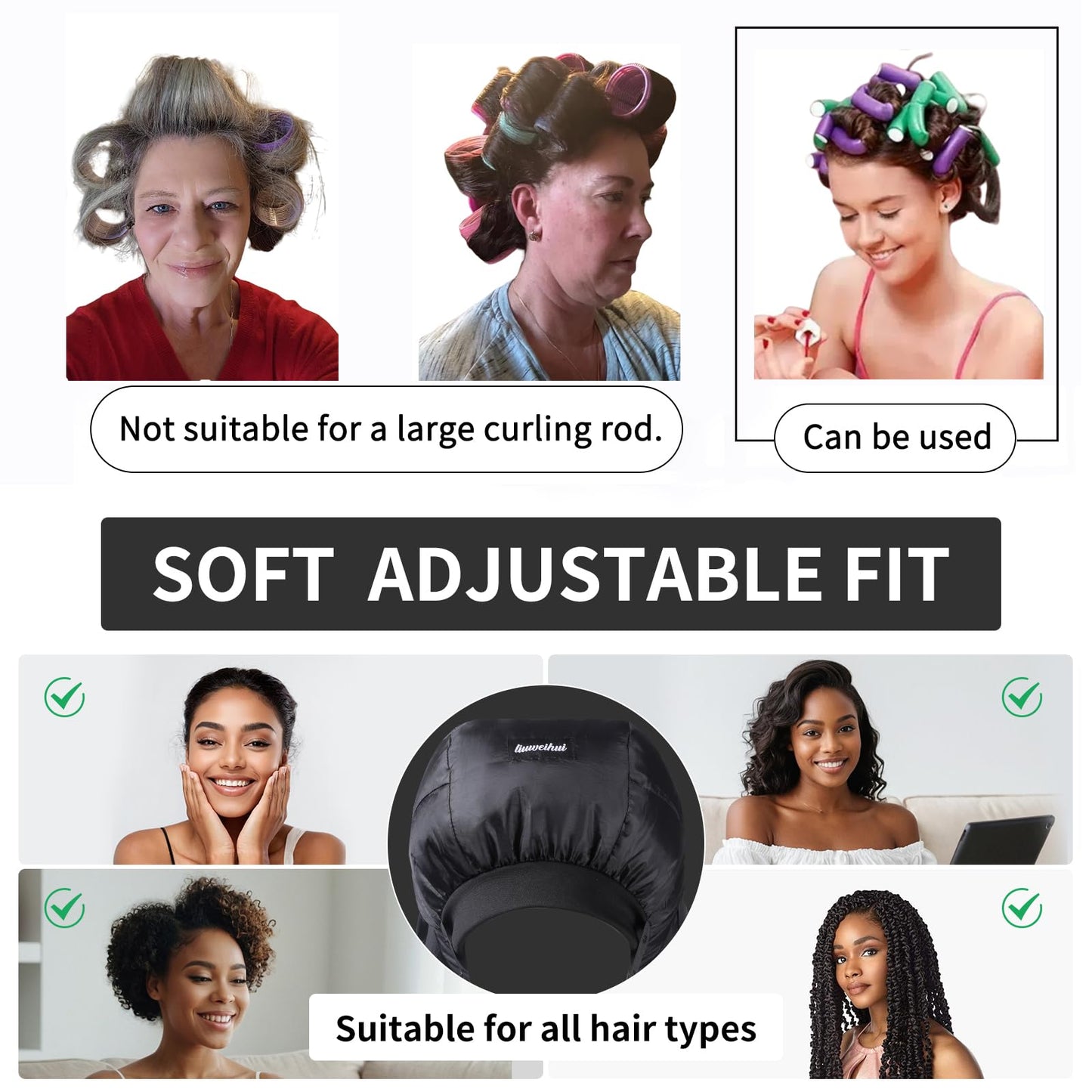 Demonstration of the large capacity design fitting over large hair rollers and styling curlers