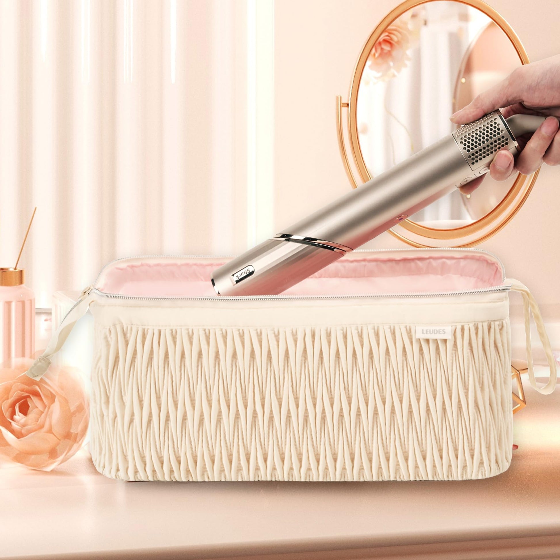 Leudes luxury beige cosmetic and hair tool travel organizer side view profile