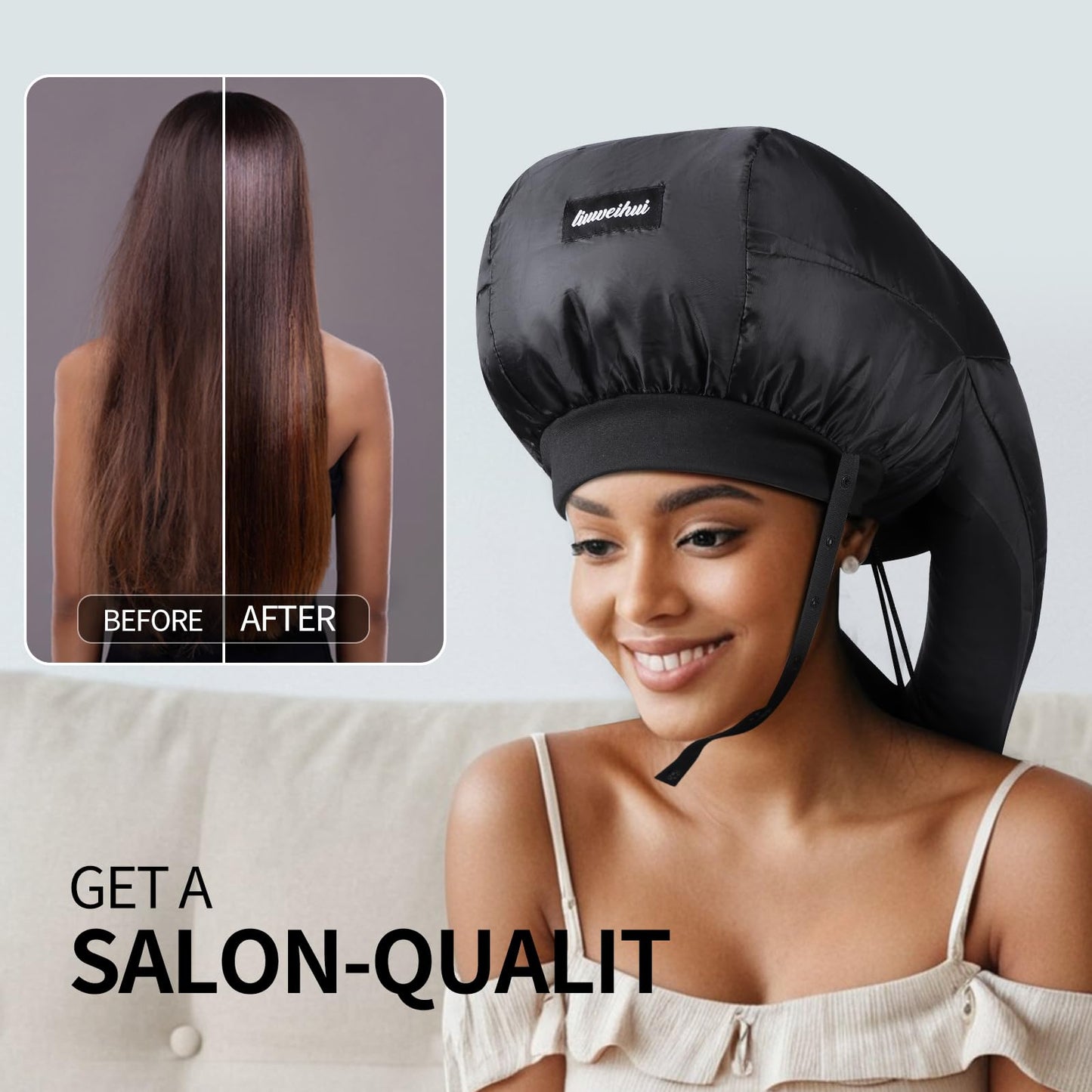 Detailed shot of the premium nylon material and adjustable drawstring closure on the hair drying hood