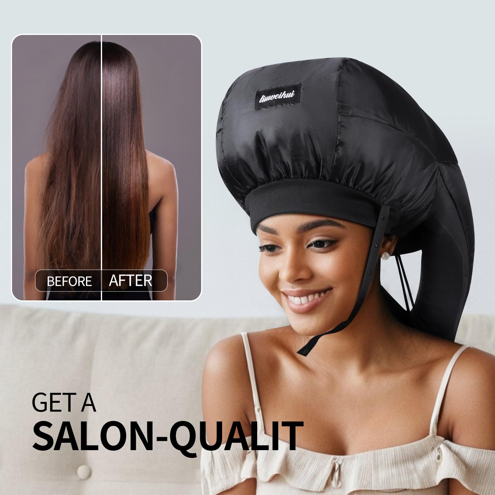 Detailed shot of the premium nylon material and adjustable drawstring closure on the hair drying hood