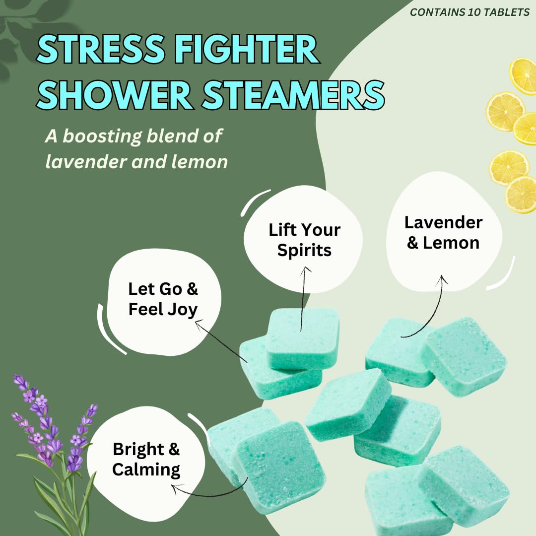 Handmade lavender and lemon essential oil shower bomb tablets unboxed on a clean surface