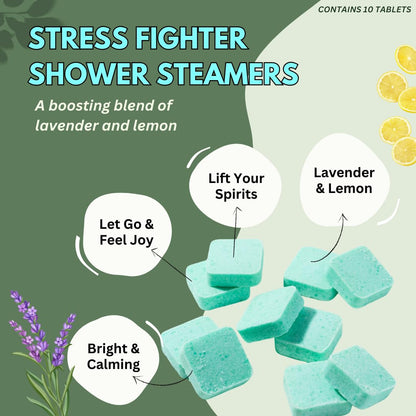 Handmade lavender and lemon essential oil shower bomb tablets unboxed on a clean surface