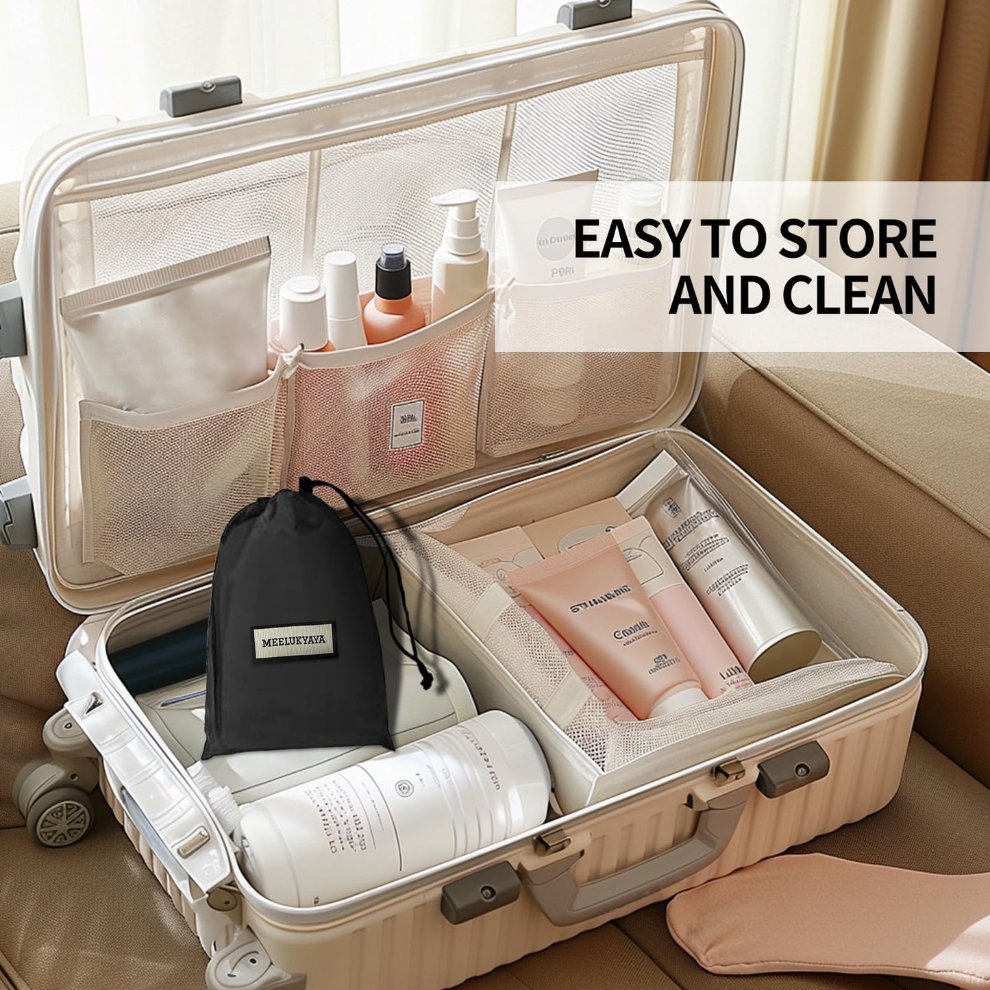 MEELUKYAYA soft bonnet dryer folded compactly into its travel storage pouch
