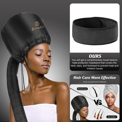 Extra large adjustable hair dryer bonnet with drawstring and chin strap closures