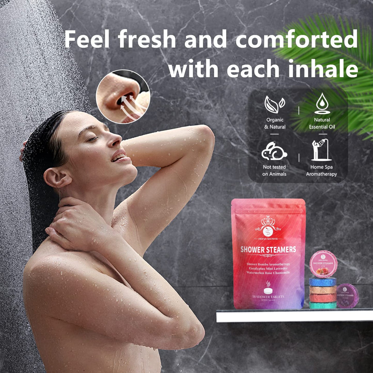 Individually wrapped self care shower tablets showcasing the variety of six aromatic scents.