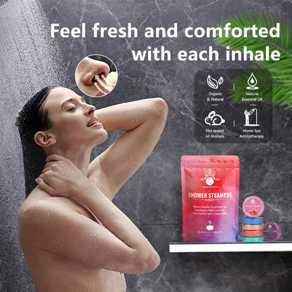 Individually wrapped self care shower tablets showcasing the variety of six aromatic scents.
