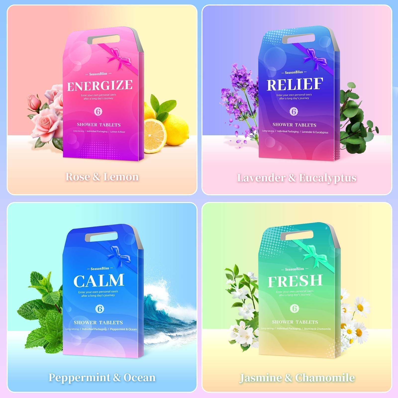 Individually wrapped natural essential oil shower tablets arranged by color and fragrance.
