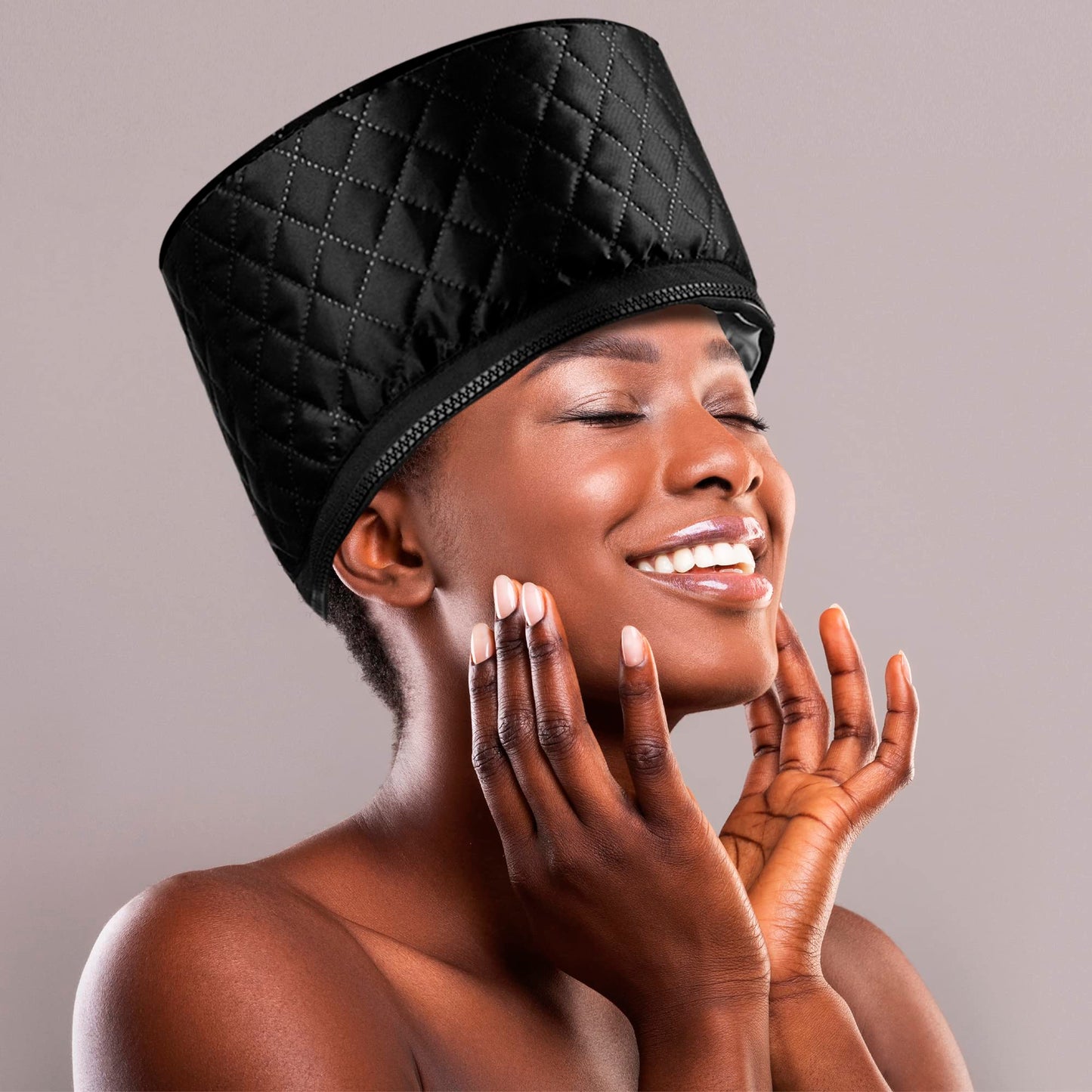 Ingeware portable hair steaming cap folded to demonstrate compact size for travel
