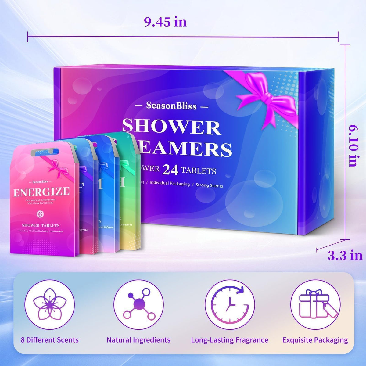 SeasonBliss individually wrapped shower tablets close up