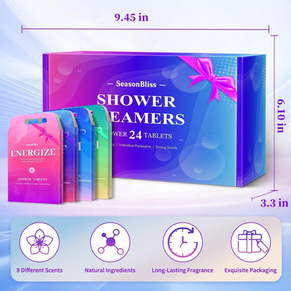 SeasonBliss shower tablets in Energize and Relief themed variety boxes for self care.