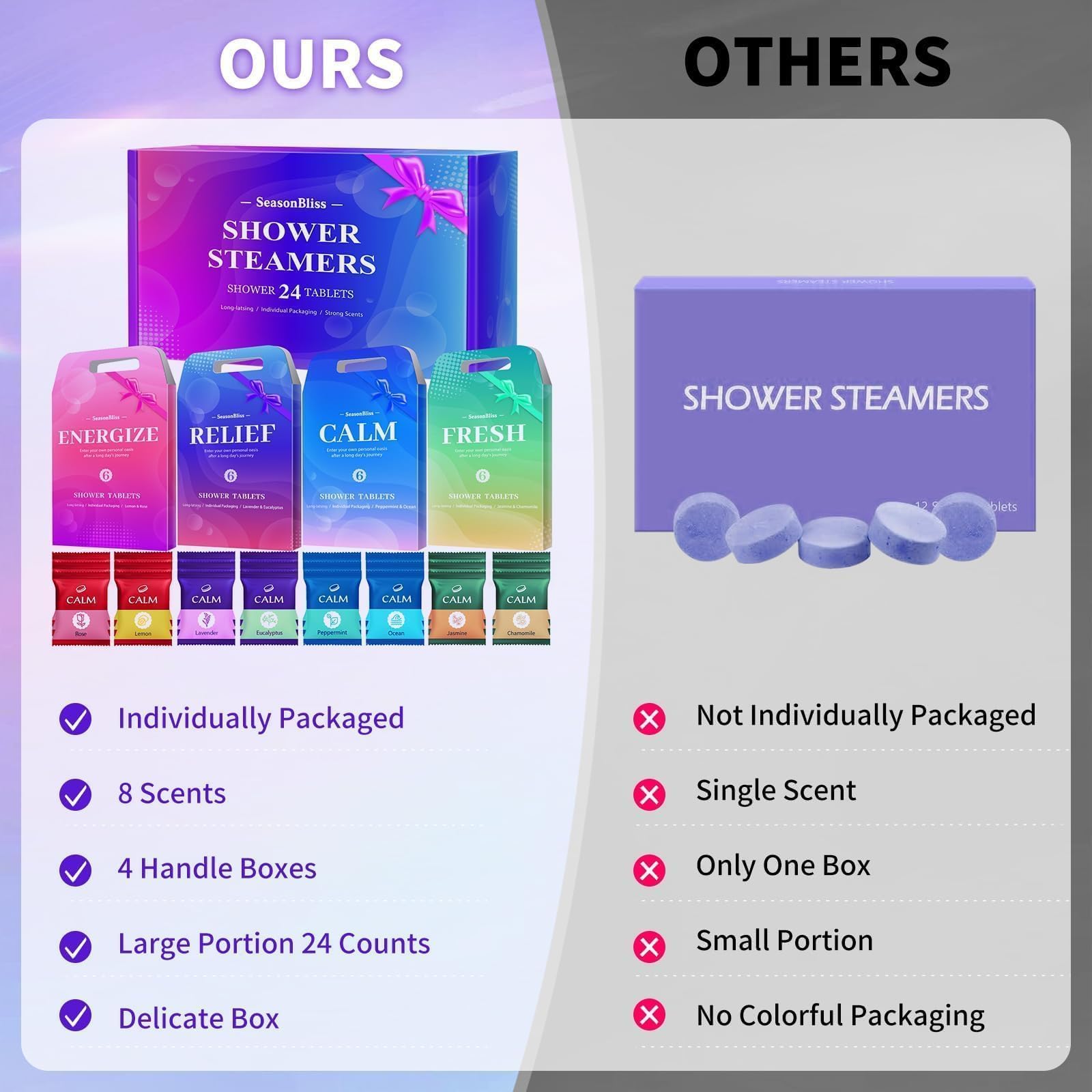 Calm and Fresh aromatherapy shower steamer sets displaying lavender and chamomile options.