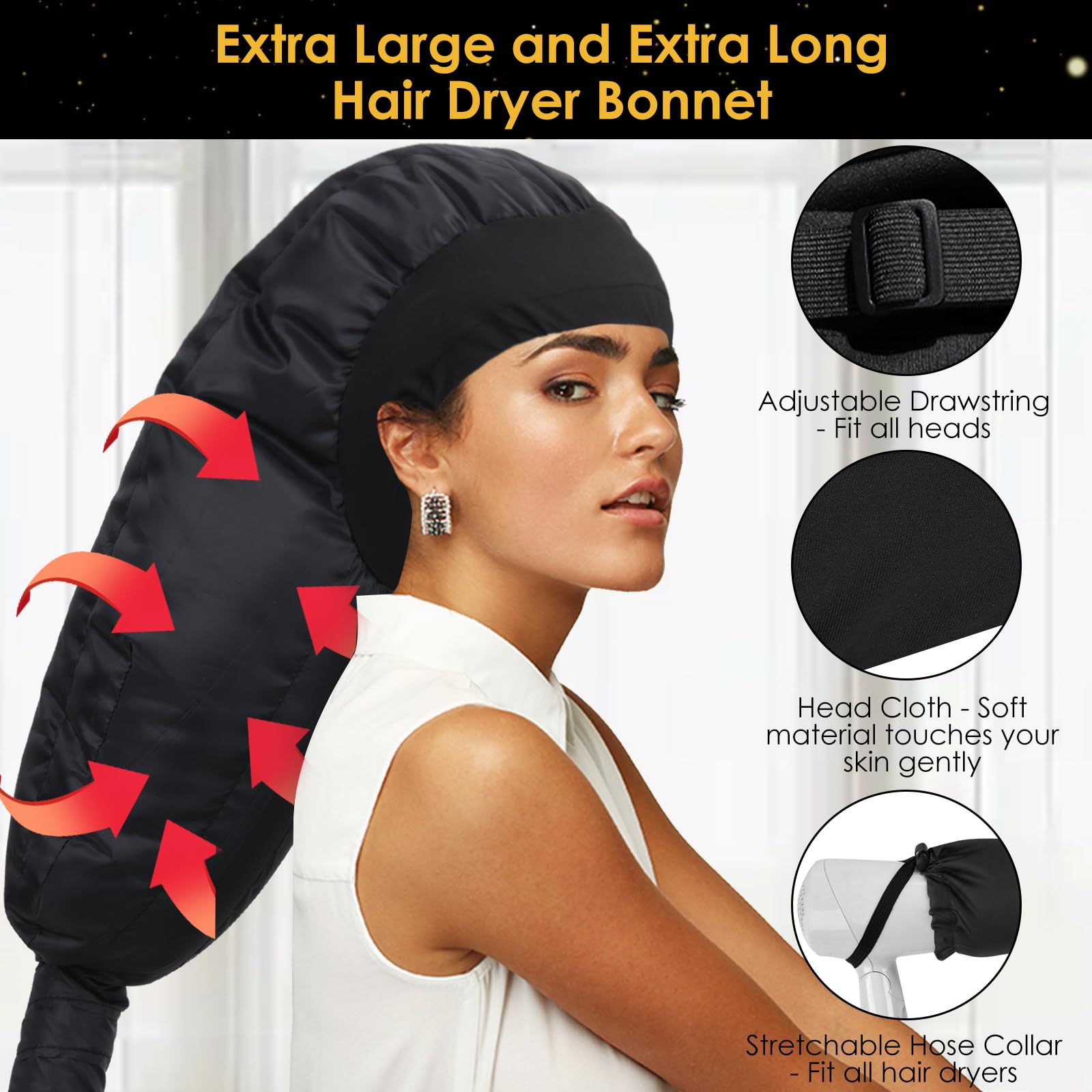 Close-up of the adjustable drawstring and chin strap on the TEPENAR hooded hair dryer attachment for a secure hands-free fit.