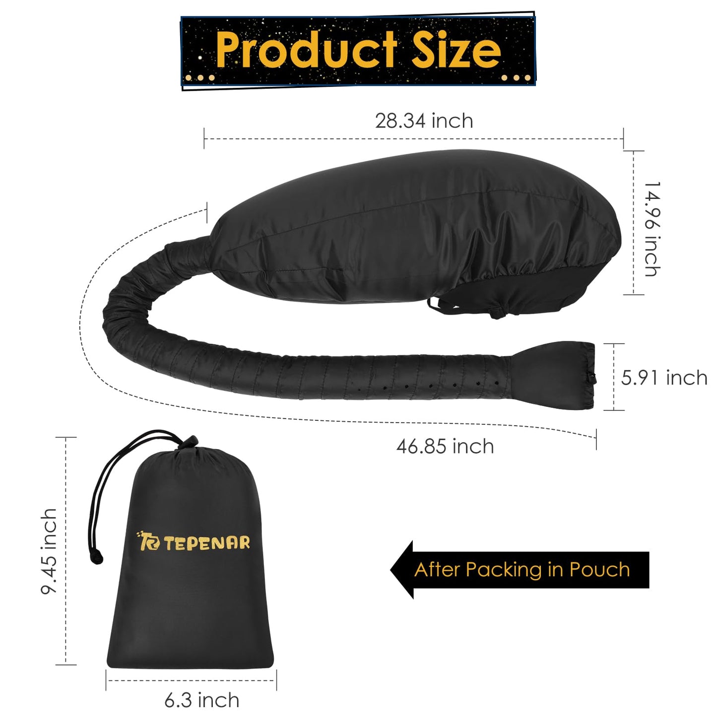 The flexible forty-inch long hose of the TEPENAR soft bonnet dryer cap showcasing the universal attachment strap.