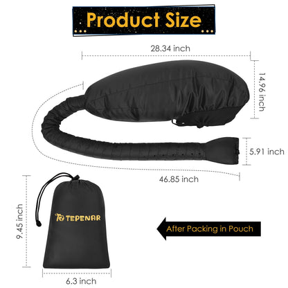 The flexible forty-inch long hose of the TEPENAR soft bonnet dryer cap showcasing the universal attachment strap.