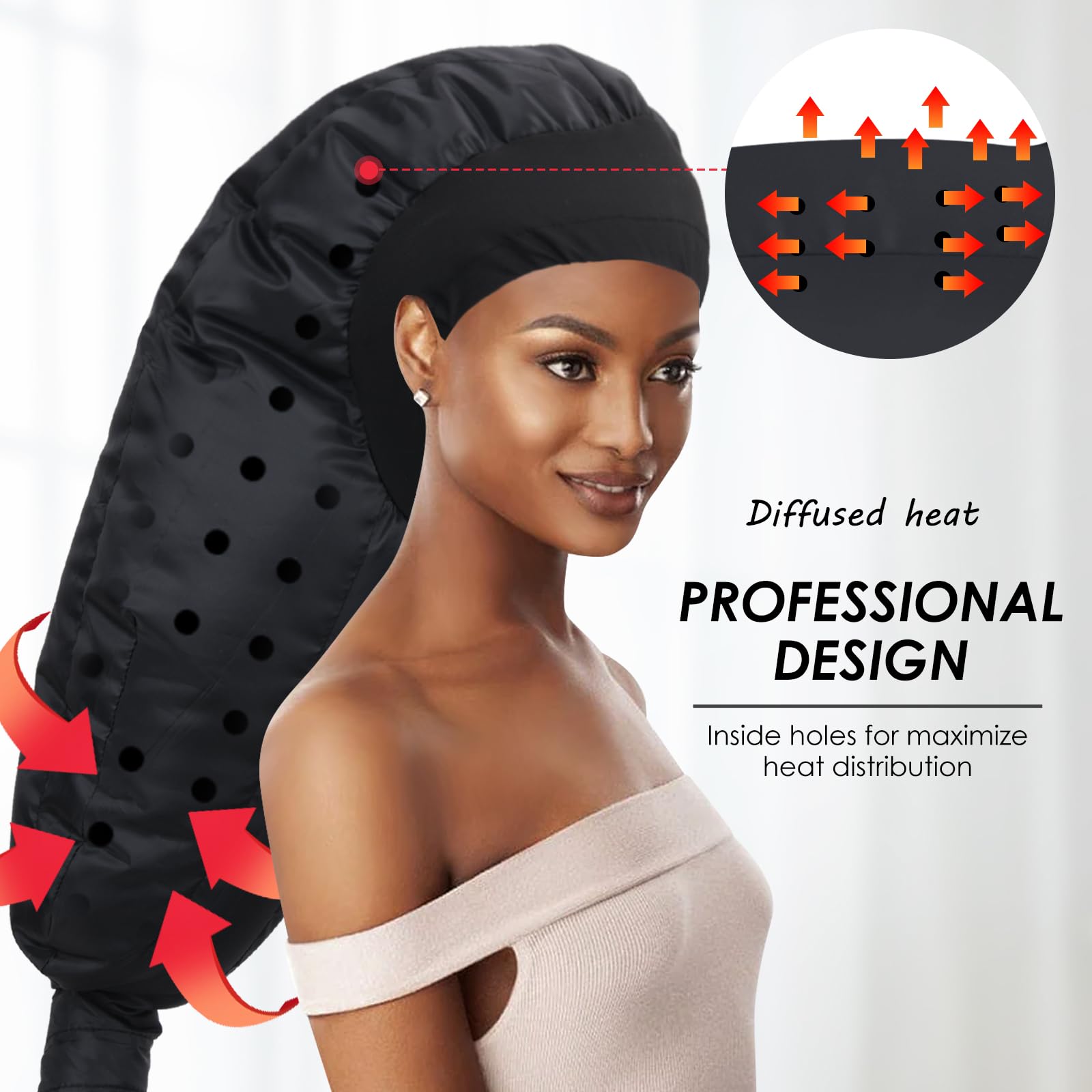 Demonstration of the extra large twenty-eight inch capacity hood of the TEPENAR hair drying cap holding long curly hair textures.